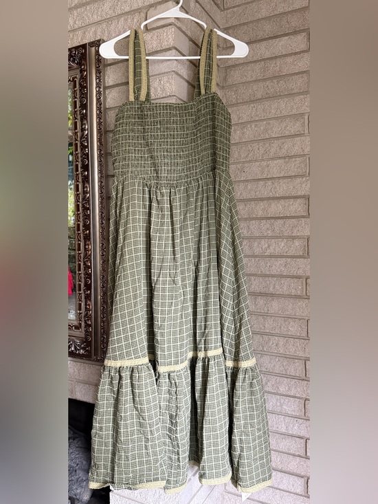 Cider Dresses & Skirts - Cider Olive Green Plaid Maxi Dress with Cream Trim